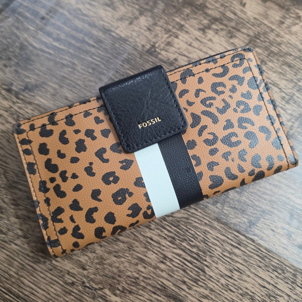 FOSSIL Logan Bifold Clutch Wallet Women OS Brown Leopard Print Racing Stripe